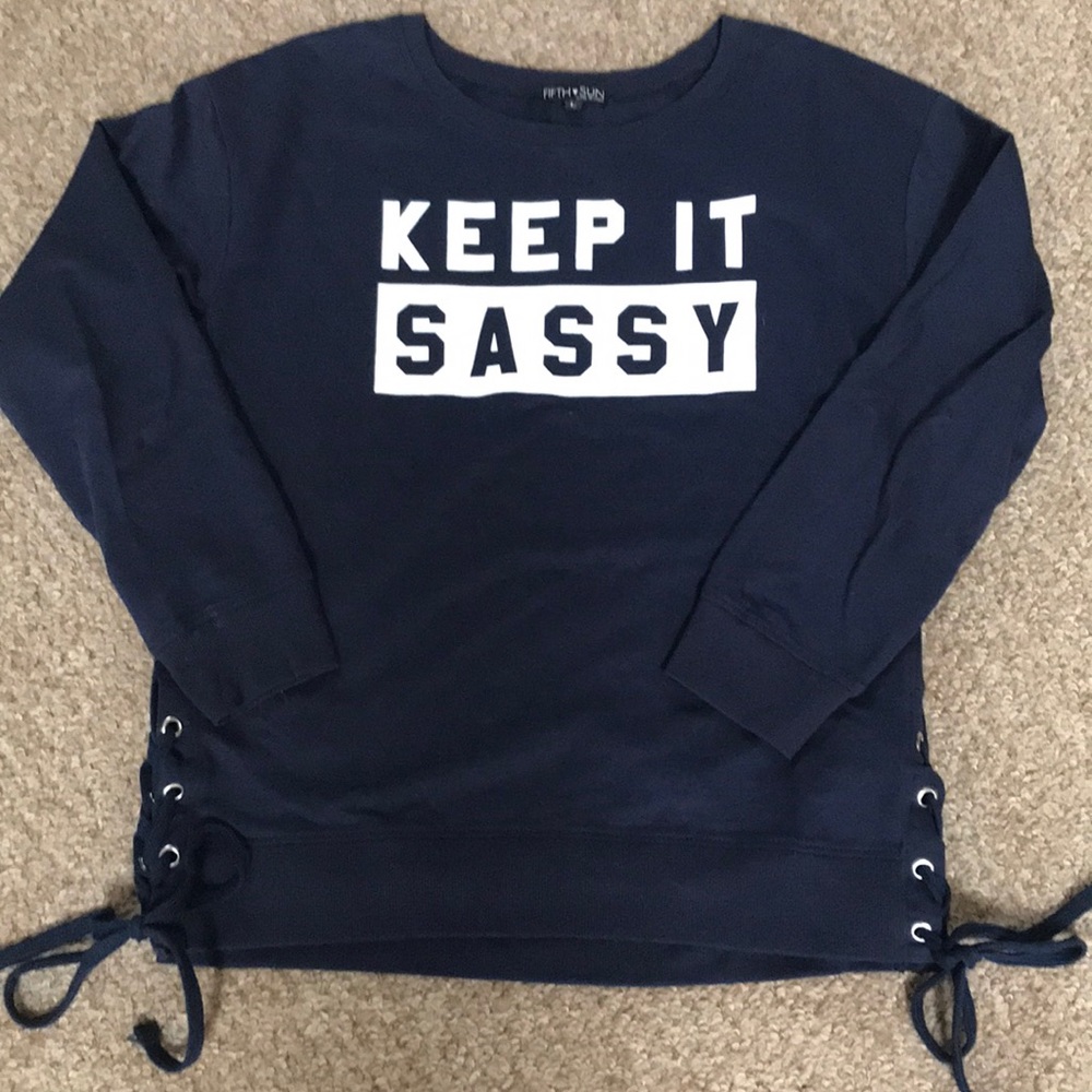 Navy sweatshirt with fun saying on it